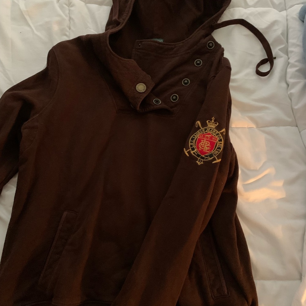 brown button up neck hoodie by ralph lauren